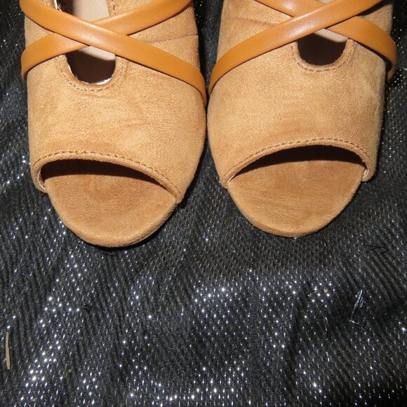 BOGO Tan Microsuede Faux Leather wrapped booties heels stilettos size 7.5 - Picture 2 of 15